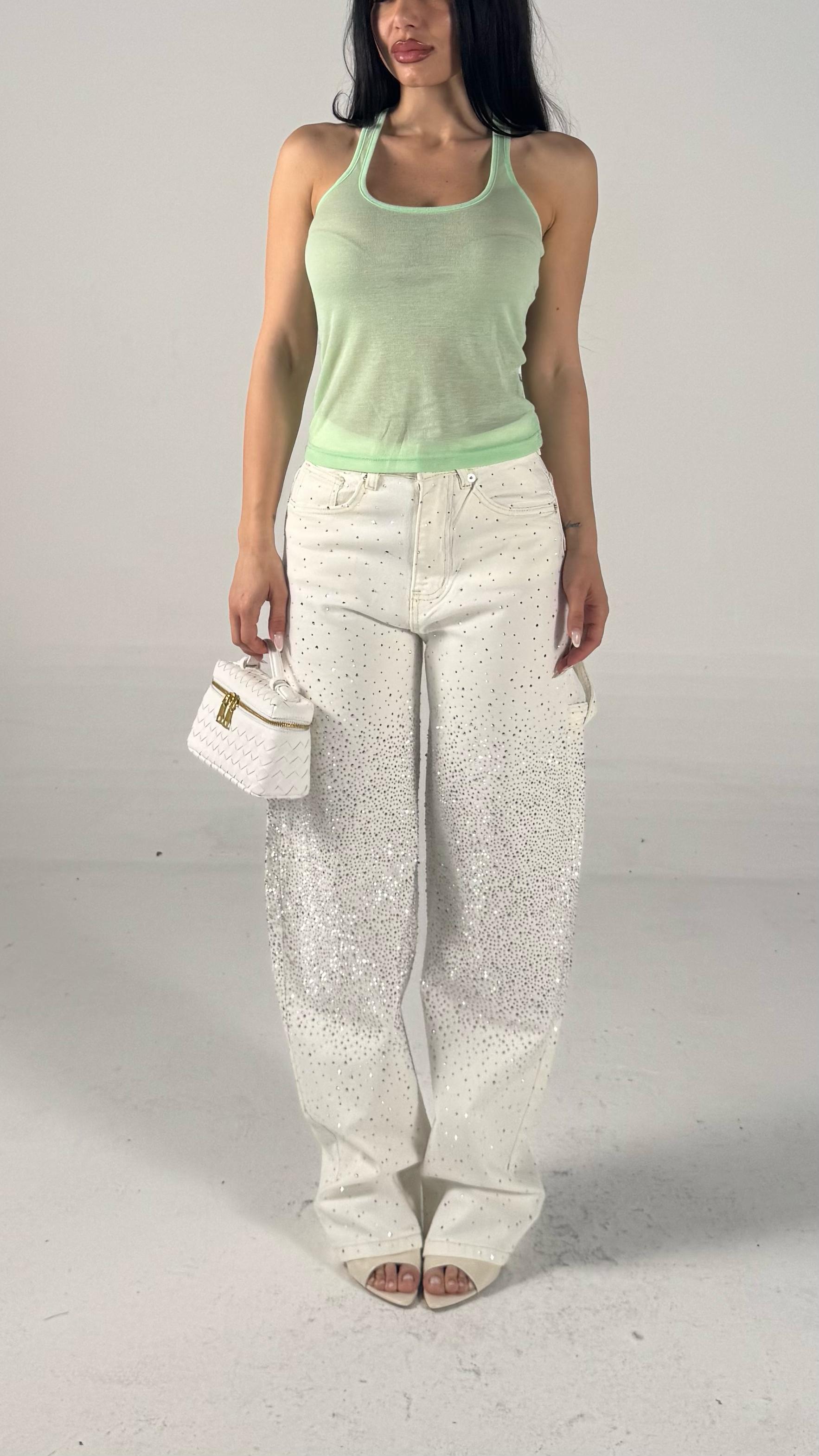 Jeans ballon strass bianco