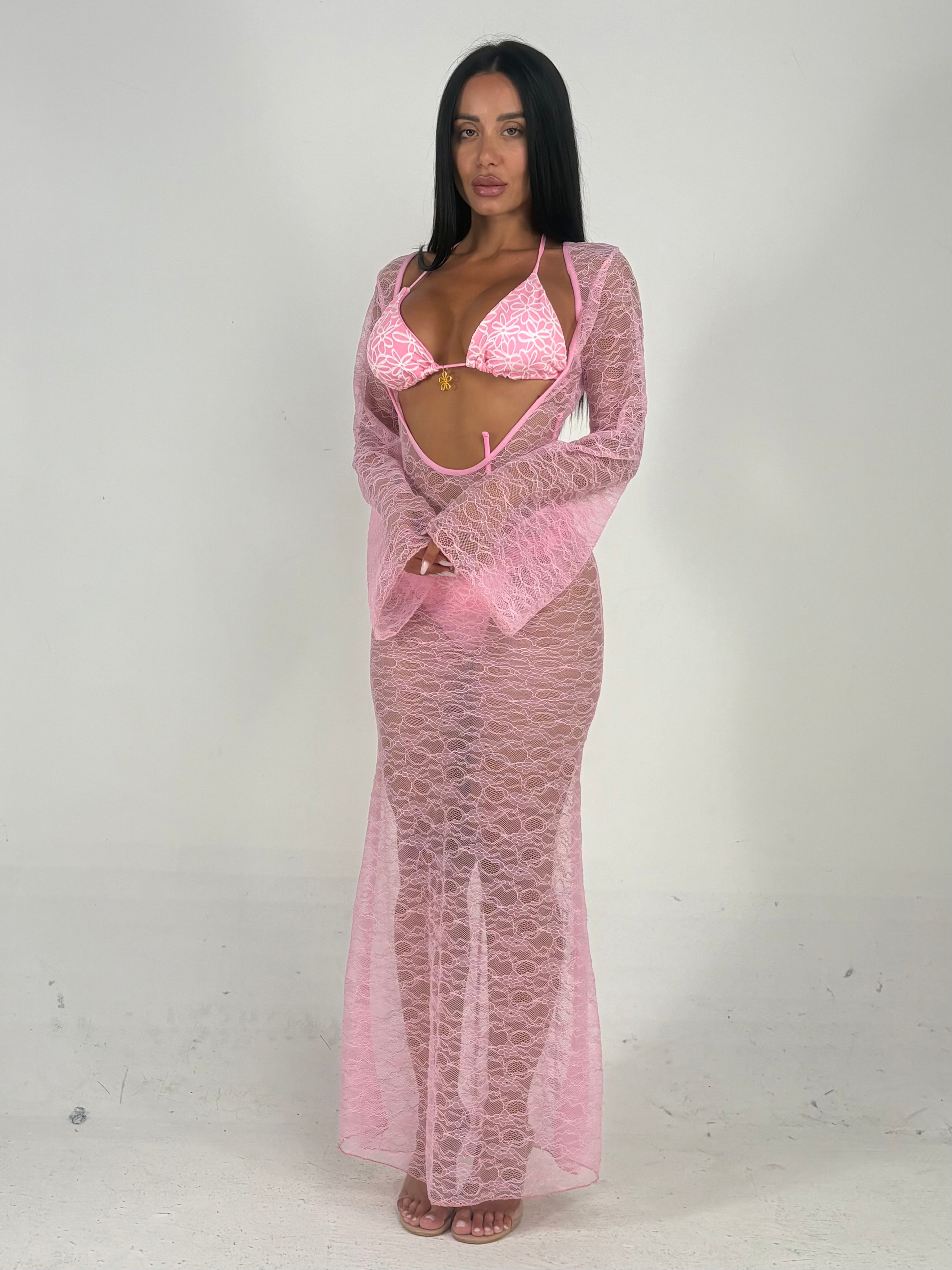 Copricostume in pizzo rosa