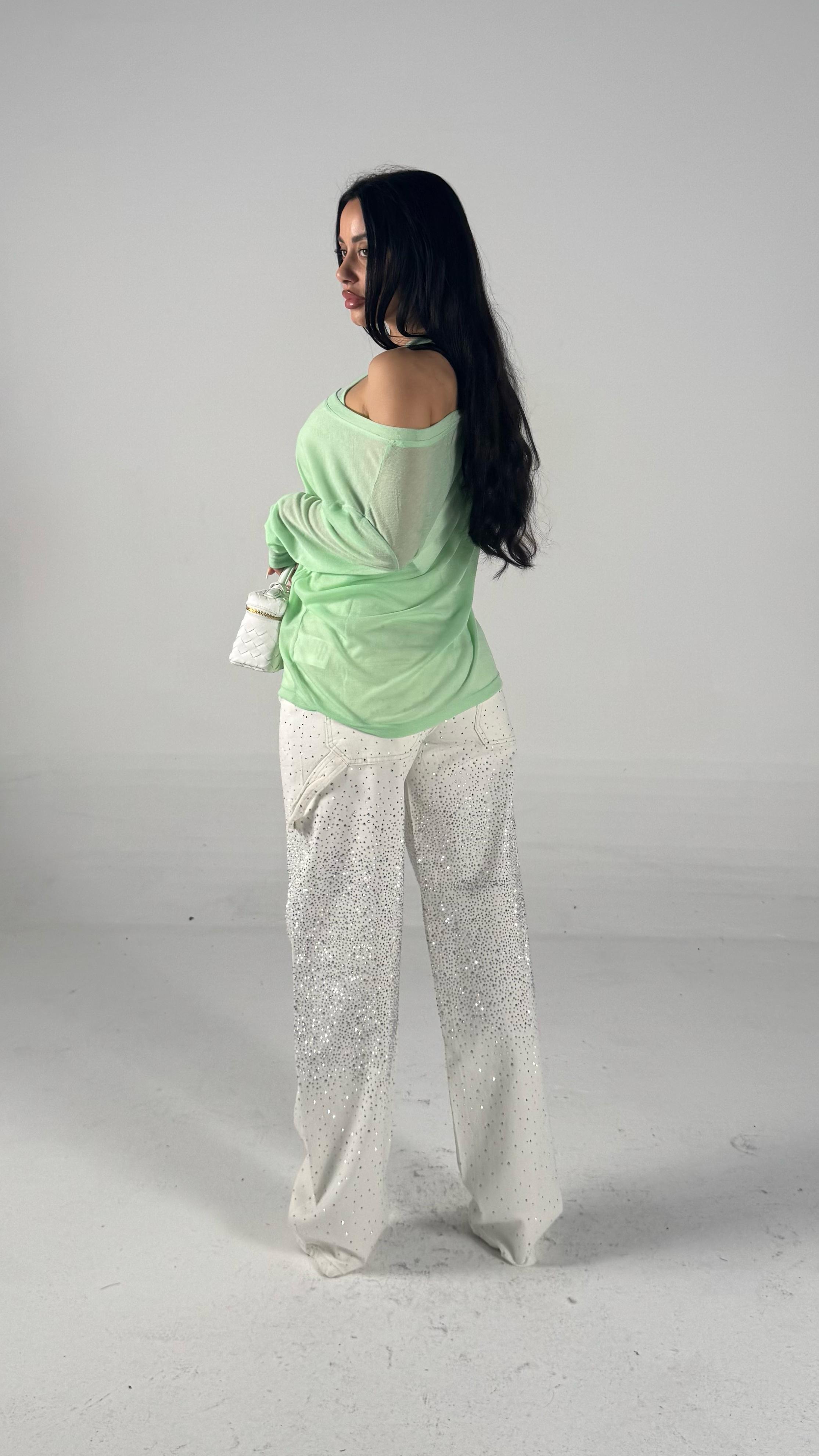 Jeans ballon strass bianco